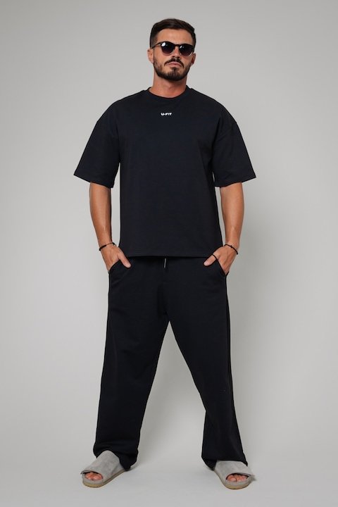 Trening Barbati uFIT - Set Huge Oversized tricou si pantalon lung Black Negru