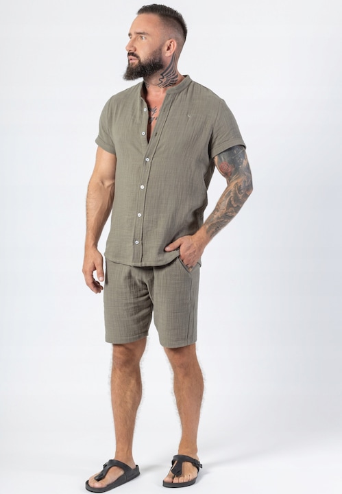 Trening Barbati TRES AMIGOS - Set Tricou Scurt Pantaloni Scurti Muselina Kaki Argintiu 925 Marimea S Tres