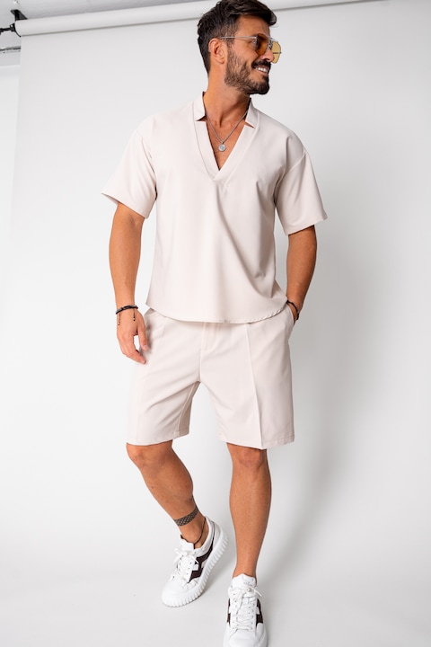 Trening Barbati uFIT - Set Como bluza V-cut si pantaloni scurti Cream 16750