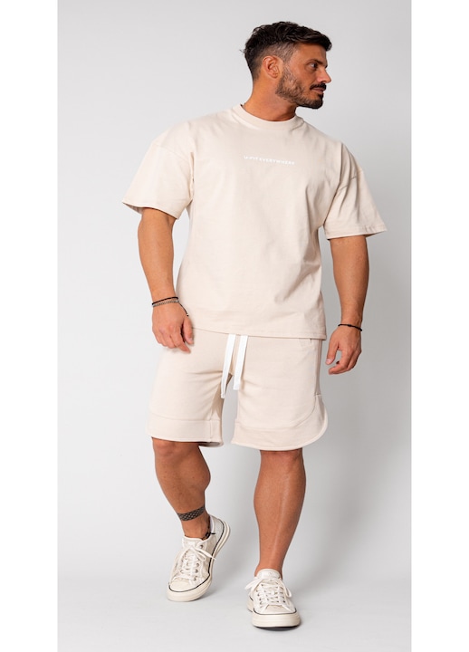 Trening Barbati uFIT - Set Kobe II tricou si pantalon scurt Oversized Light Beige 15814