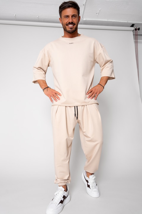 Trening Barbati uFIT - Set Flex Tricou Oversized si pantalon Baggy Light Beige 15608