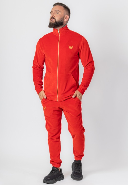 Trening Barbati TRES AMIGOS - Set hanorac cu guler inalt si pantaloni catifea rosii