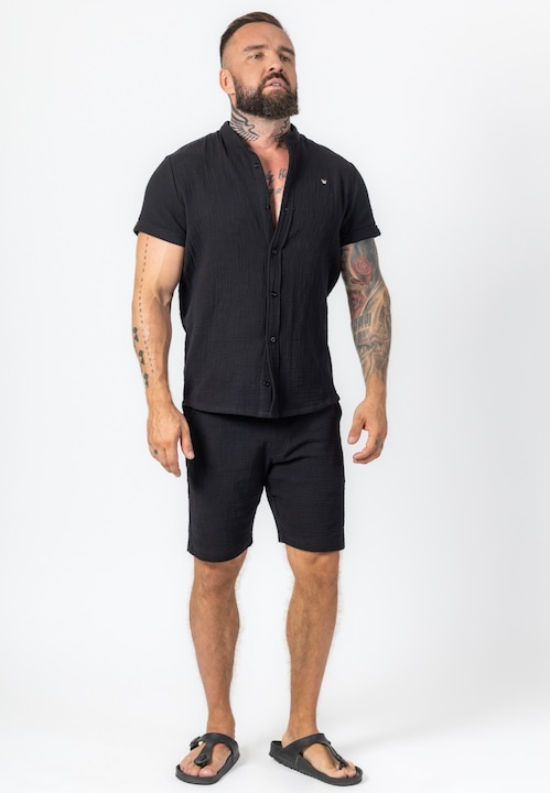 Trening Barbati TRES AMIGOS - Set Camasa si Pantaloni scurti Muselina Negru Argintiu 925 Marime L Tres