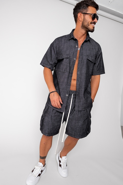 Trening Barbati uFIT - Set camasa si pantalon scurt din denim Black 16799