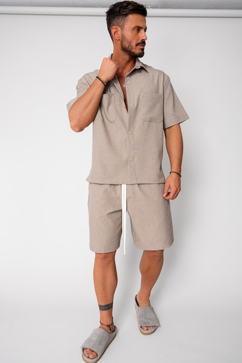 Trening Barbati uFIT - Set camasa cu capse si pantalon scurt Taupe 16207