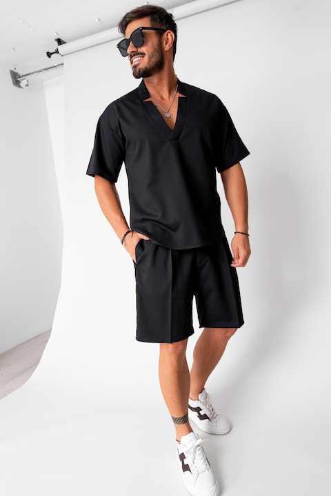Trening Barbati uFIT - Set Como bluza V-cut si pantaloni scurti Black 16735