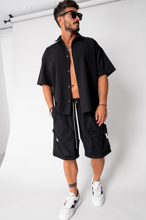 Trening Barbati uFIT - Set camasa si pantalon scurt cargo Black 16795