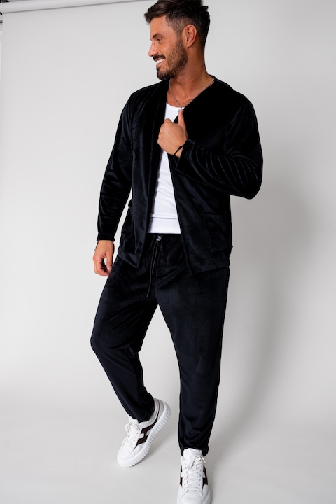 Trening Barbati uFIT - Set Jacheta tip kimono si pantalon lung din catifea Black 15732