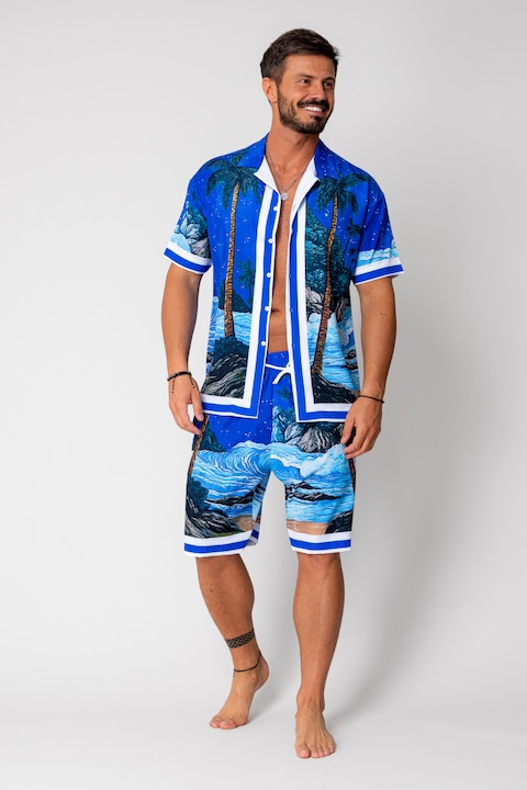 Trening Barbati uFIT - Set camasa si pantalon scurt imprimeu Blue 16767