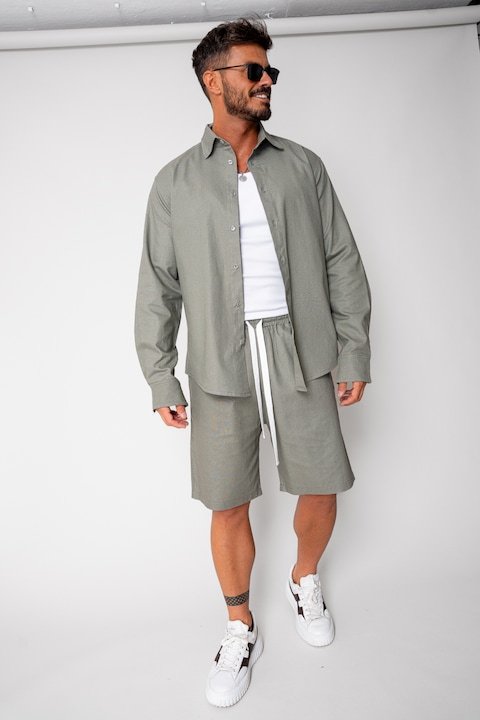 Trening Barbati uFIT - Set Lino camasa si pantalon scurt Dark Olive New 16956