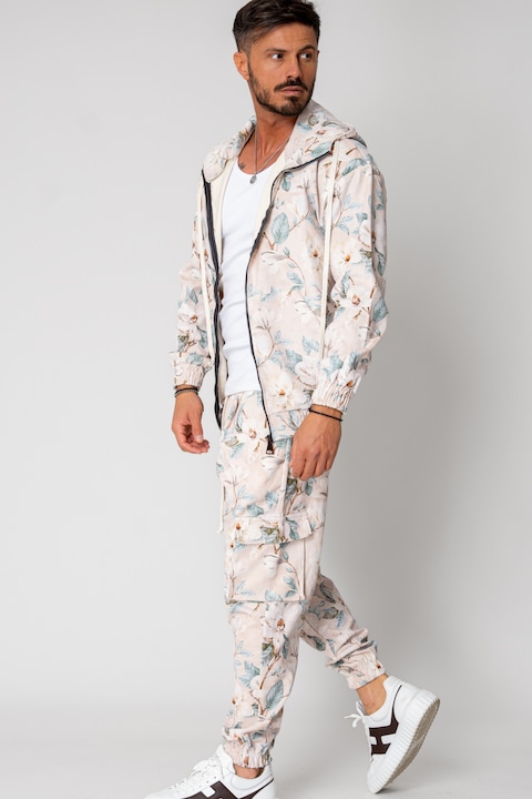 Trening Barbati uFIT - Set Hanorac cu fermoar si Pantalon lung cargo din reiat flower Cream 15444