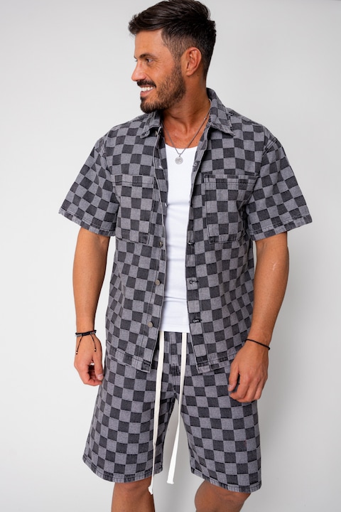 Trening Barbati uFIT - Set camasa si pantalon scurt din denim Grey Anthracite 16219