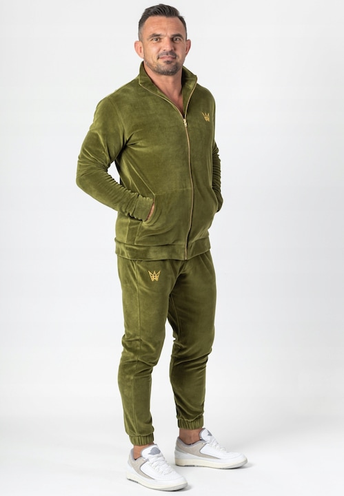 Trening Barbati TRES AMIGOS - Set hanorac cu guler inalt si pantaloni din velur masliniu