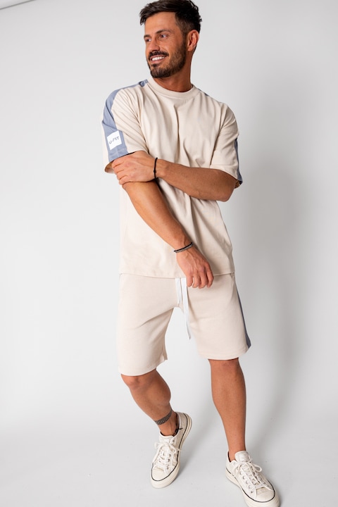 Trening Barbati uFIT - Set LeClub tricou oversized si pantalon scurt Duo Light Beige 15849
