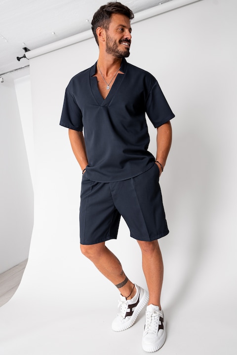 Trening Barbati uFIT - Set Como bluza V-cut si pantaloni scurti Navy 16745