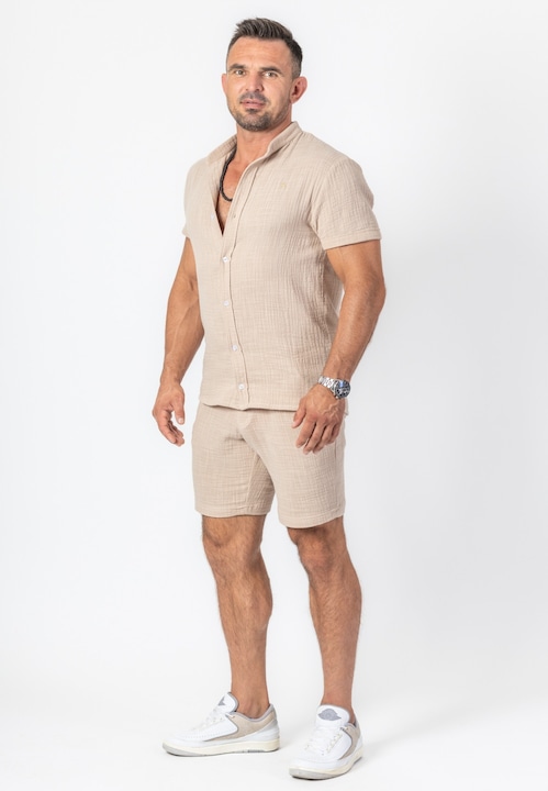 Trening Barbati TRES AMIGOS - Set barbatesc camasa scurta pantaloni scurti din muselina bej